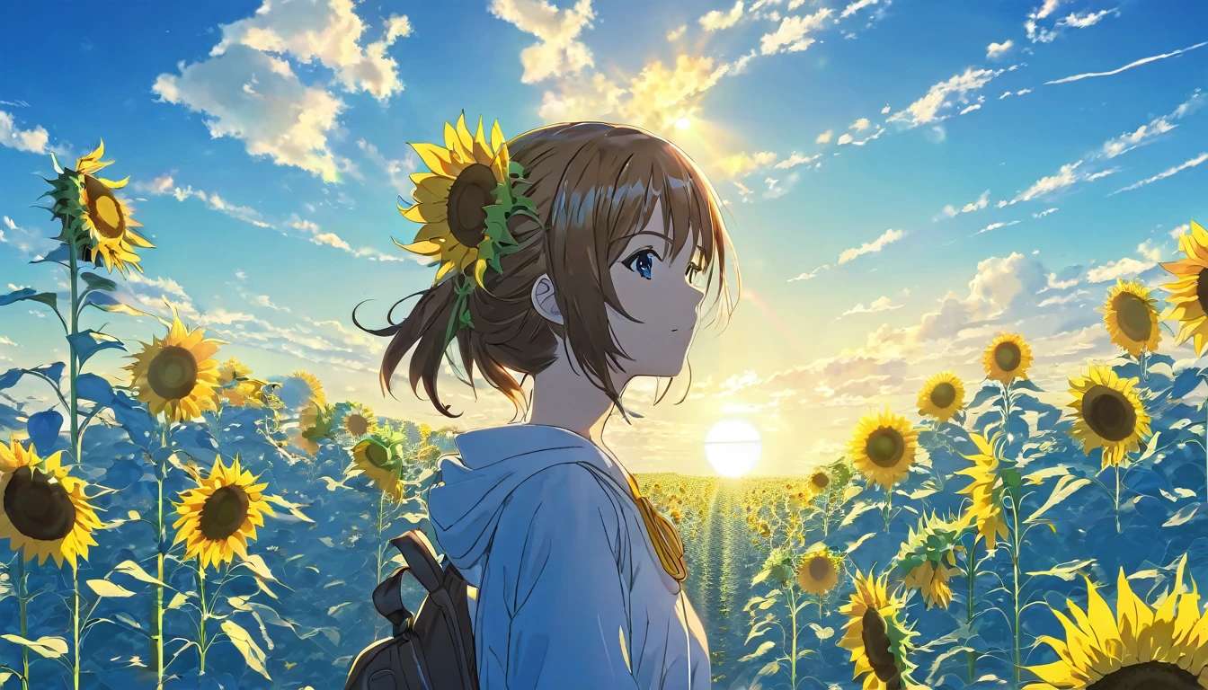 anime girl with sunflowers in her hair standing in front of a blue sky, beautiful sunflower anime girl, anime art wallpaper 8 k, 4k anime wallpaper, anime art wallpaper 4 k, anime art wallpaper 4k, anime wallpaper 4 k, anime wallpaper 4k, anime wallpaper, 4 k manga wallpaper, ( ( makoto shinkai ) )