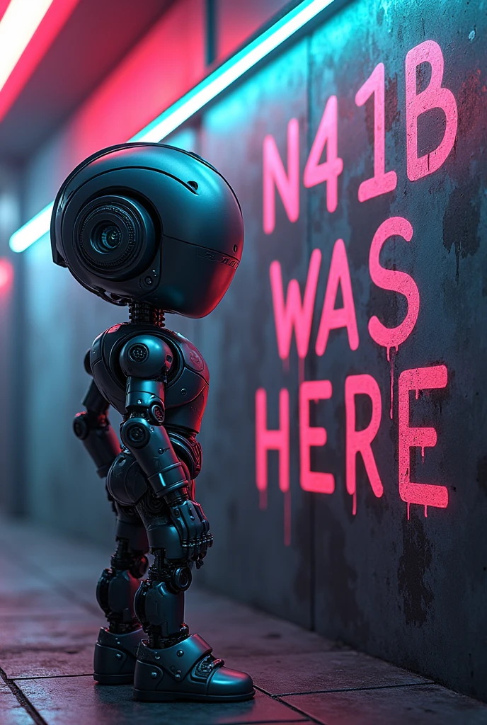 A humanoid robo boy. A quote  “ N4B1B was here “ written in background capital letters. 
Background quote more visible . The humanoid is in one side and the quote is in another. Neon lights
