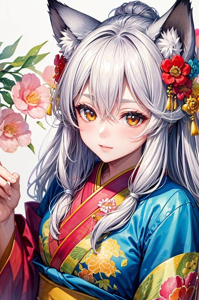 masterpiece, superlative, fox ears, female , One, Close-up bust, flower, chinese kimono, Drawing a line background, White background, color, bright colors, (watercolor)