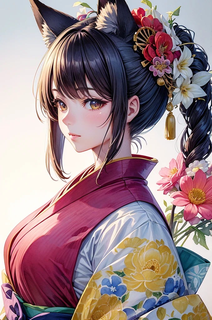 masterpiece, superlative, fox ears, female , One, Close-up bust, flower, chinese kimono, Drawing a line background, White background, color, bright colors, (watercolor)