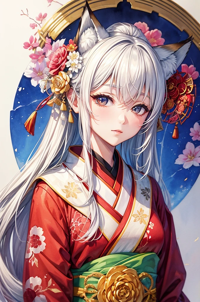 masterpiece, superlative, fox ears, female , One, Close-up bust, flower, chinese kimono, Drawing a line background, White background, color, bright colors, (watercolor)