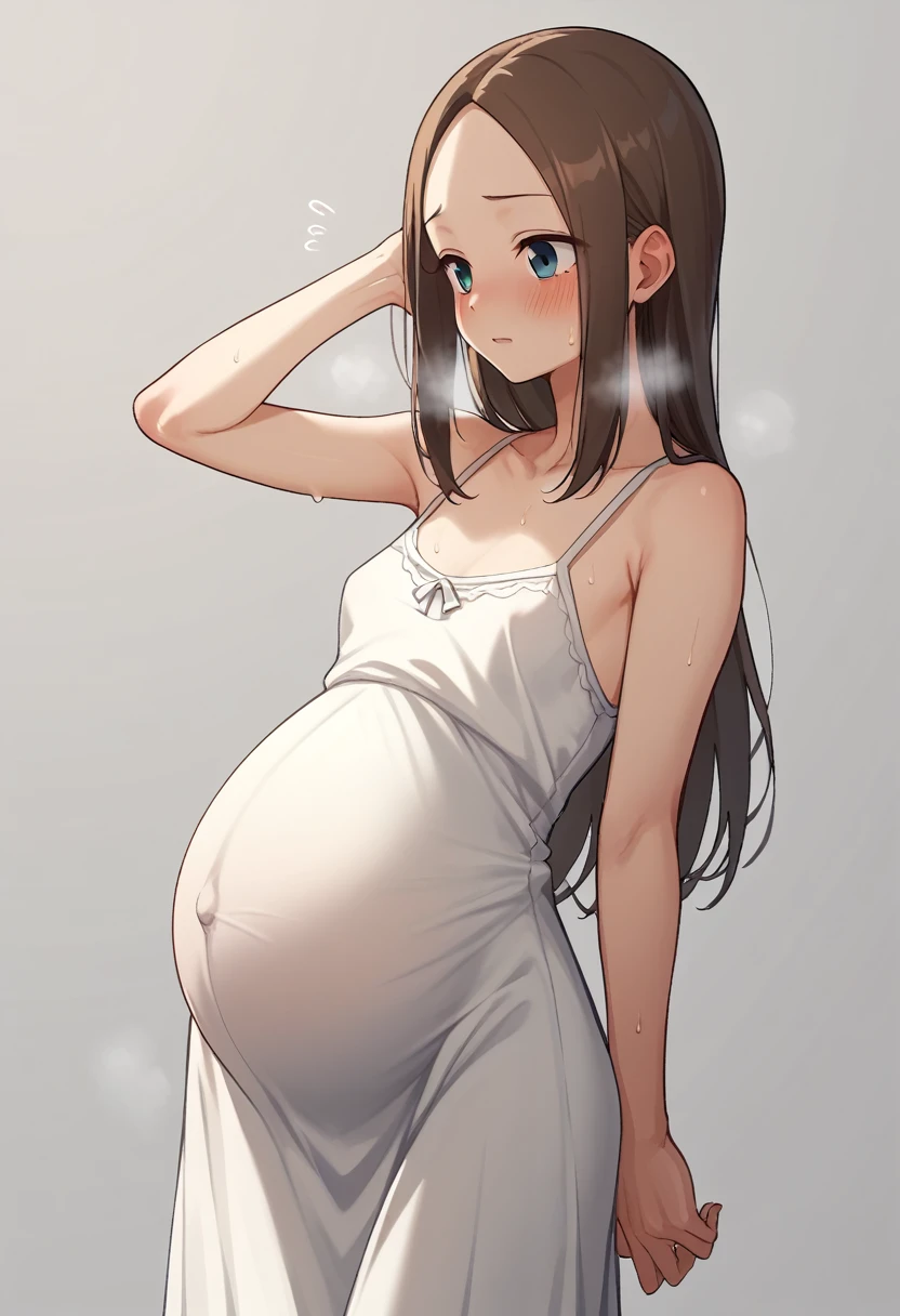 flat Breasts、blush、Sweat、In the heat、takagi-san,Pregnant women、Camisole long maxi dress、
{Highest quality}, {so beautiful}, {Very detailed}, {Best illustrations},Life、slim:1.5、Are standing、Long dress