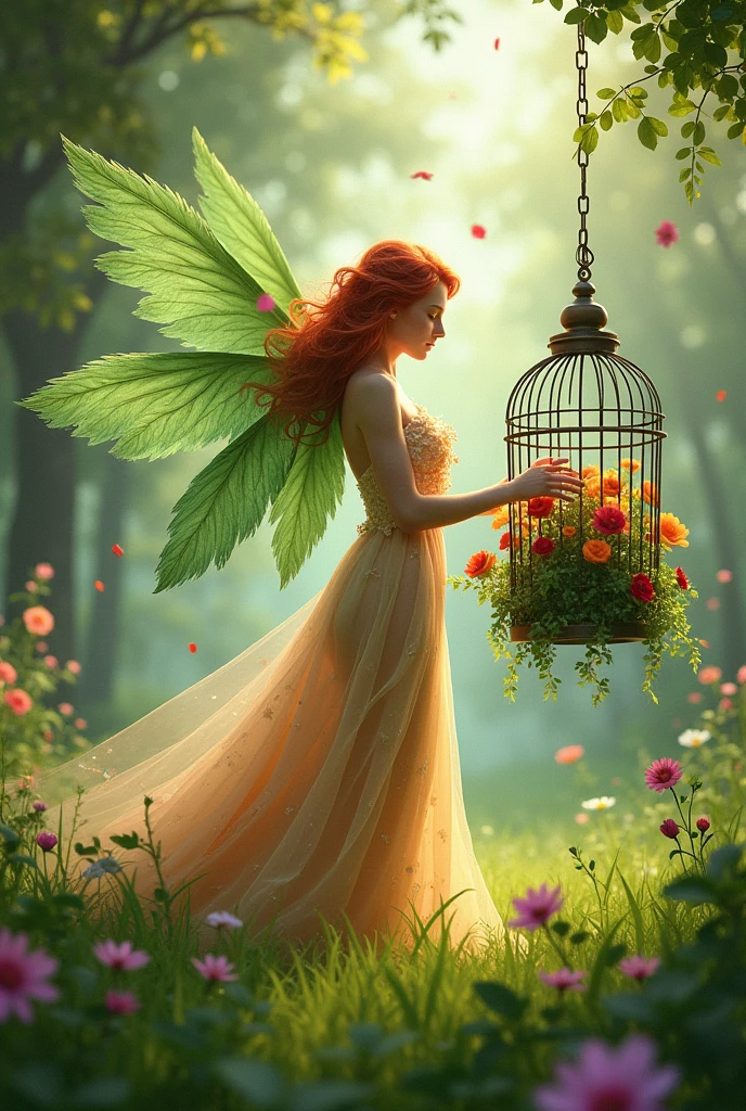 ada with a flower cage In the south with a red hair with a dress made of a flower Green wings grass weddings