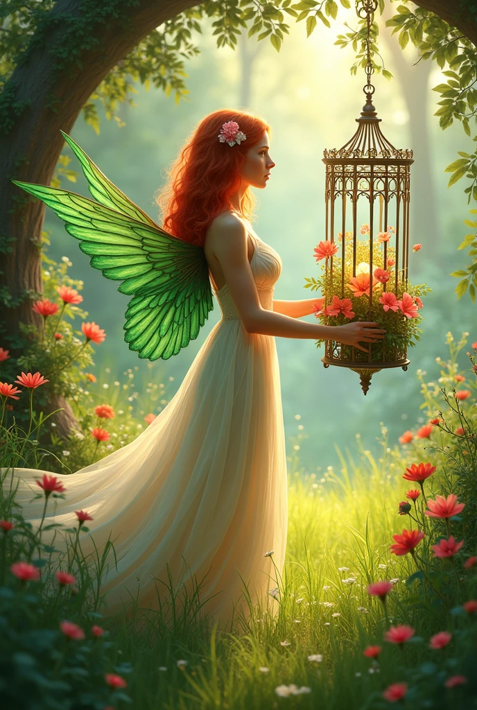 ada with a flower cage In the south with a red hair with a dress made of a flower Green wings grass weddings