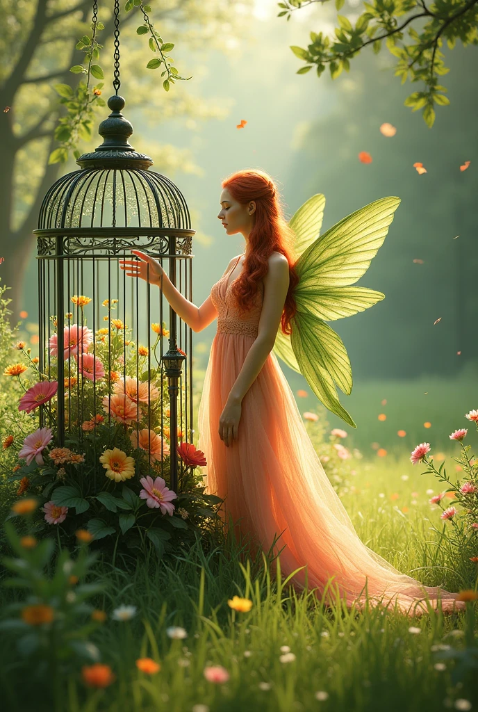 ada with a flower cage In the south with a red hair with a dress made of a flower Green wings grass weddings 
