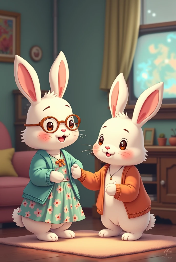 A little white bunny wearing female clothes watching tv with an old bunny wearing female cloths with glasses in cartoon style 