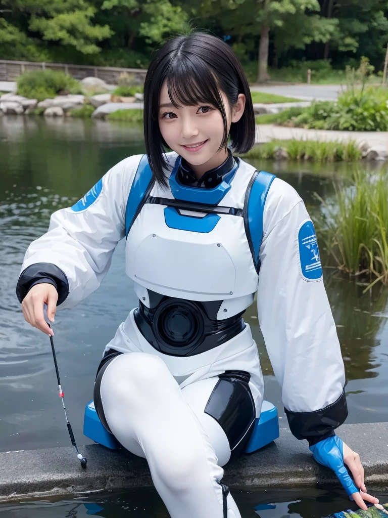 Japanese female android,Black Hair,White and blue robot suit,Plump,Fishing on the shore of a pond,smile