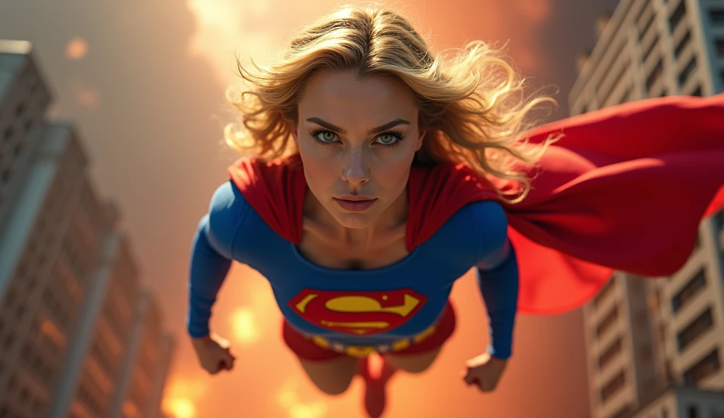 a photorealistic portrait of a confident, indestructible woman in a classic 1980s Supergirl movie costume, with a full body view, floating mid-air, detailed facial features, ultra-realistic, cinematic lighting, vibrant colors, masterpiece