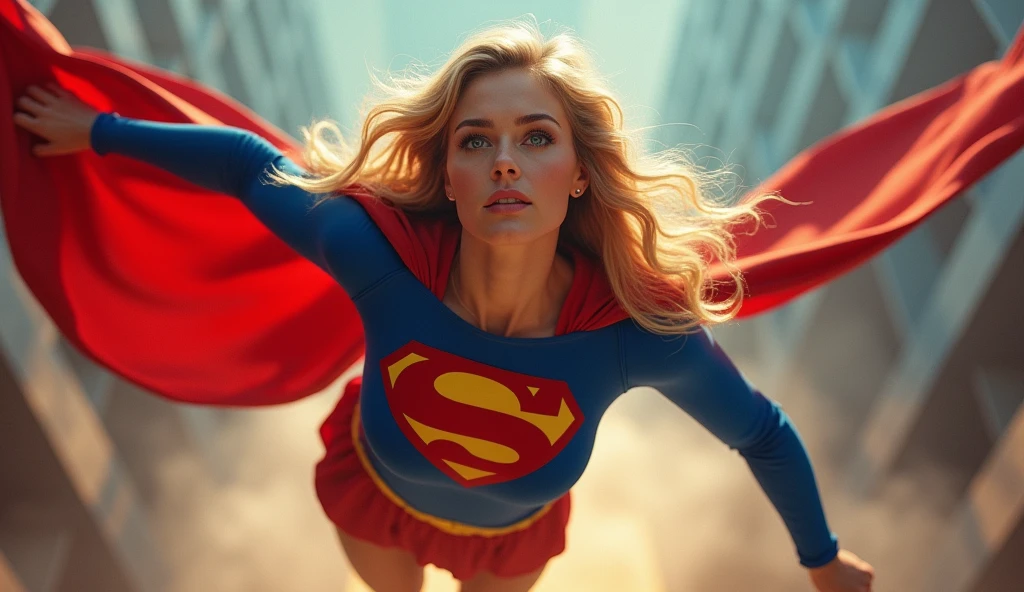 a photorealistic portrait of a confident, indestructible woman in a classic 1980s Supergirl movie costume, with a full body view, floating mid-air, detailed facial features, ultra-realistic, cinematic lighting, vibrant colors, masterpiece