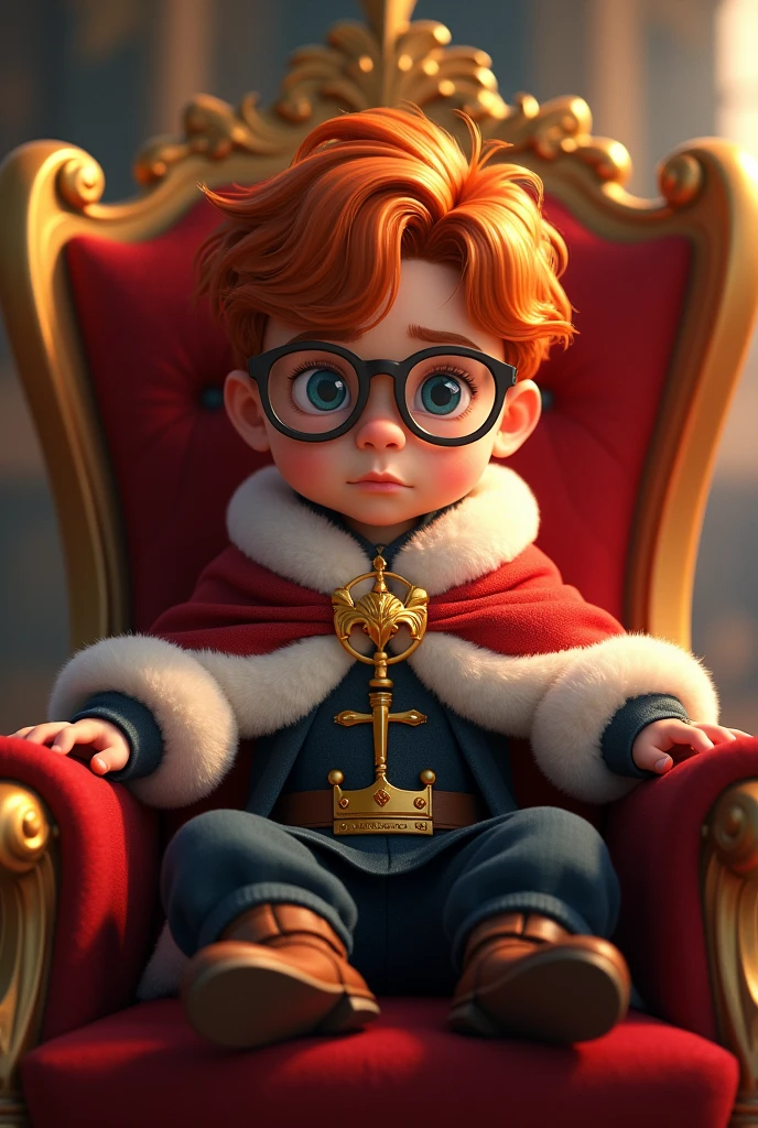 A chestnut king of about 4, good looking, sitting on his throne, high, He wears glasses with a slightly serious expression.
