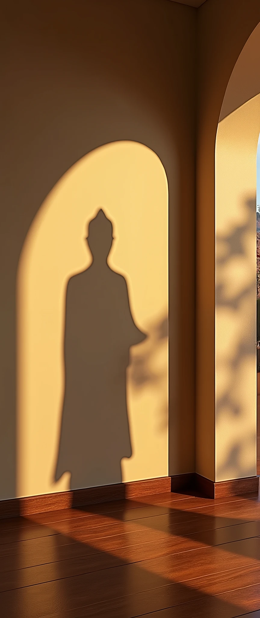 (masterpiece:1.2,Exceptional Quality,mirror-like,Cinematic Experience,Photorealistic:2.0,RAW Photos:2.0),8k,wallpaper,,A shadow in the shape of a Buddha is cast on the wall,Warm atmosphere