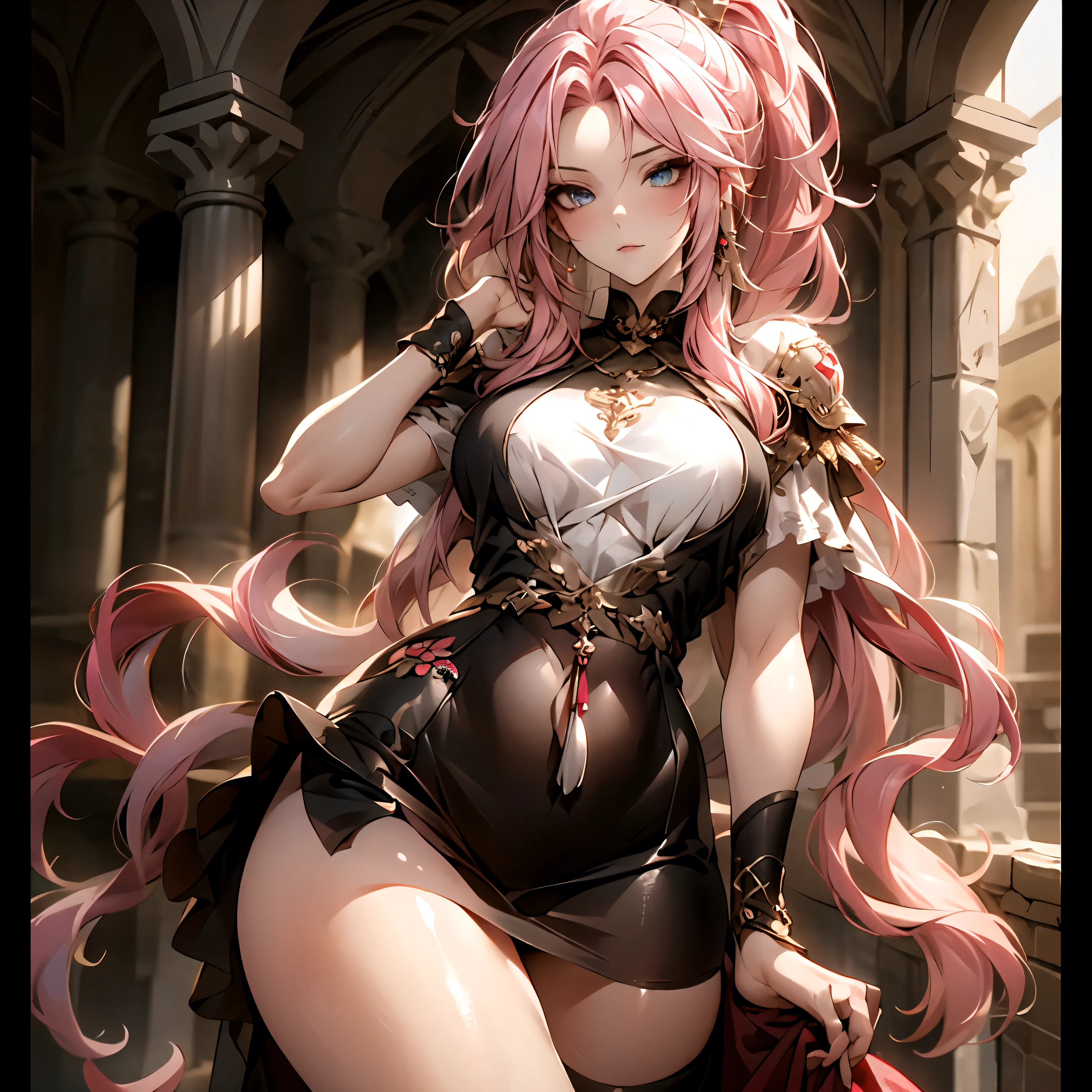 (best quality)), ((Masterpiece)), (details:1.4), 3d, HDR (high dynamic range), an image of a beautiful cyberpunk female, fantasy, medieval, Sleek style, pink hair, High ponytail, hips up, Beautiful White eyes, จมูกโด่ง, ปากแดง, หน้าอกใหญ่, nvidia RTX, PBR surface, After processing, Anisotropic filtration,depth of field, Maximum clarity and clarity, multi-layered surface, Subsurface scattering, perfect proportions, 8K raw files, ultra detailed, Perfect proportions, volumetric lighting, soft lighting, Holy Paldin, Heavy Golden Armor, red dress, intricate Silver embroidery, glossy skin, Castle Background, jewely, ต่างหู, mini black skirt, blackglove,