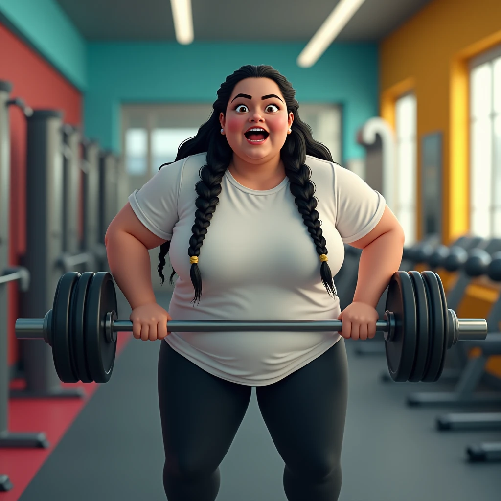 A overweight Girl, black hair, braided hair on both sides, white t-shirt, black legging, wear shoes, looking viewer, facing the viewer, excitement on the face, hand lifting big solo weights, trying to loose weight, back ground at many colored gym. realictics, You should not describe the chest and genital areas.