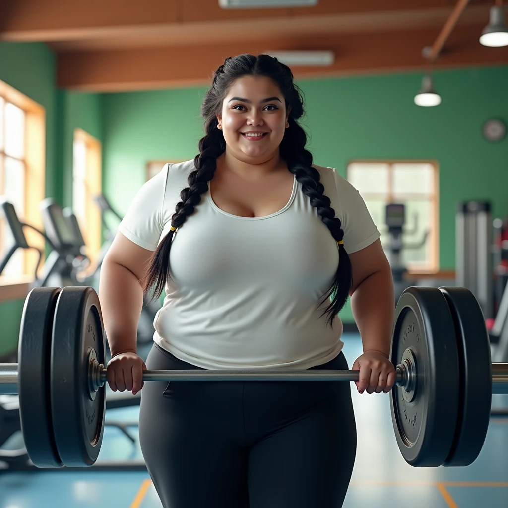 A overweight Girl, black hair, braided hair on both sides, white t-shirt, black legging, wear shoes, looking viewer, facing the viewer, excitement on the face, hand lifting big solo weights, trying to loose weight, back ground at many colored gym. realictics, You should not describe the chest and genital areas.