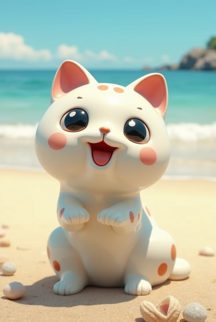 Cute beckoning cat pottery、Big head、Shiny、Midsummer Beach
