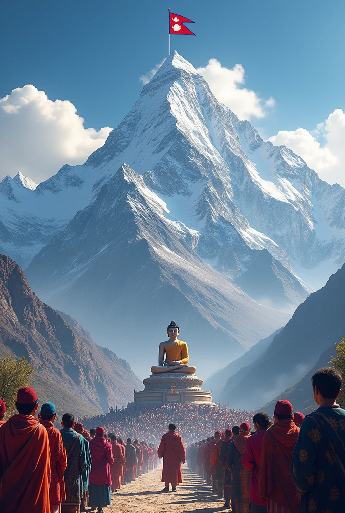 please generate the photo having Mt.Everest in the background and in the top of that there Nepal's flag and at the base Gautam Buddha and the people enjoying their own cultural and religious diversities and other the national symbols of Nepal