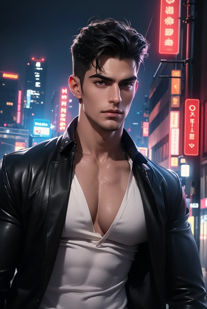 ((masterpiece)),((best quality)),((ultra high detailed)),((realistic,)), a tall handsome muscular young man, cyberpunk, solo, extremely detailed face and body, (shiny smooth skin), hot glow in his skin, perfect facial features, beautiful eyes, short hairstyle, sexy gaze, sexy expression, looking at the viewer romantically, open shirt, Futurist era city, architectural streets, futuristic train lines, buildings, night, European city, rainy, neon lights, sexy posture, 