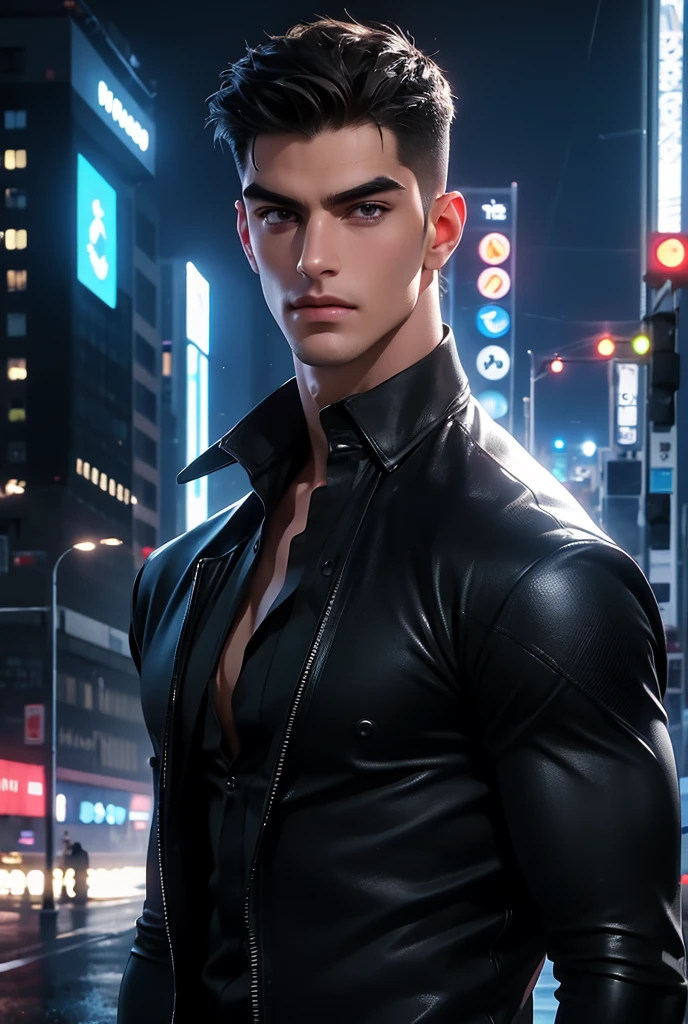 ((masterpiece)),((best quality)),((ultra high detailed)),((realistic,)), a tall handsome muscular young man, cyberpunk, solo, extremely detailed face and body, (shiny smooth skin), hot glow in his skin, perfect facial features, beautiful eyes, short hairstyle, sexy gaze, sexy expression, looking at the viewer romantically, open shirt, Futurist era city, architectural streets, futuristic train lines, buildings, night, European city, rainy, neon lights, sexy posture, 