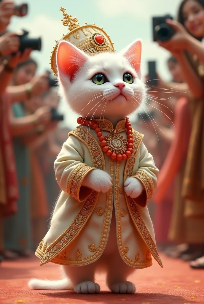 A white kitten walks elegantly on two legs, dressed in a traditional indian groom's agbada with intricate embroidery and matching coral bead jewelry. He wears a fila (hat) on his head, and his fur is perfectly groomed. The audience is thrilled, taking countless pictures of this cultural groom look."