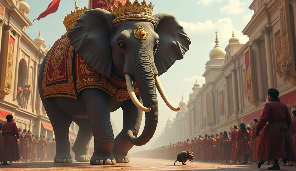 ....While running away the mouse came in front of the royal elephant in the procession. On which the king was sitting. The royal elephant, moving forward, did not even look at the mouse from that spot and lifted his huge leg. The rat was about to be crushed under his feet, but somehow he saved himself.