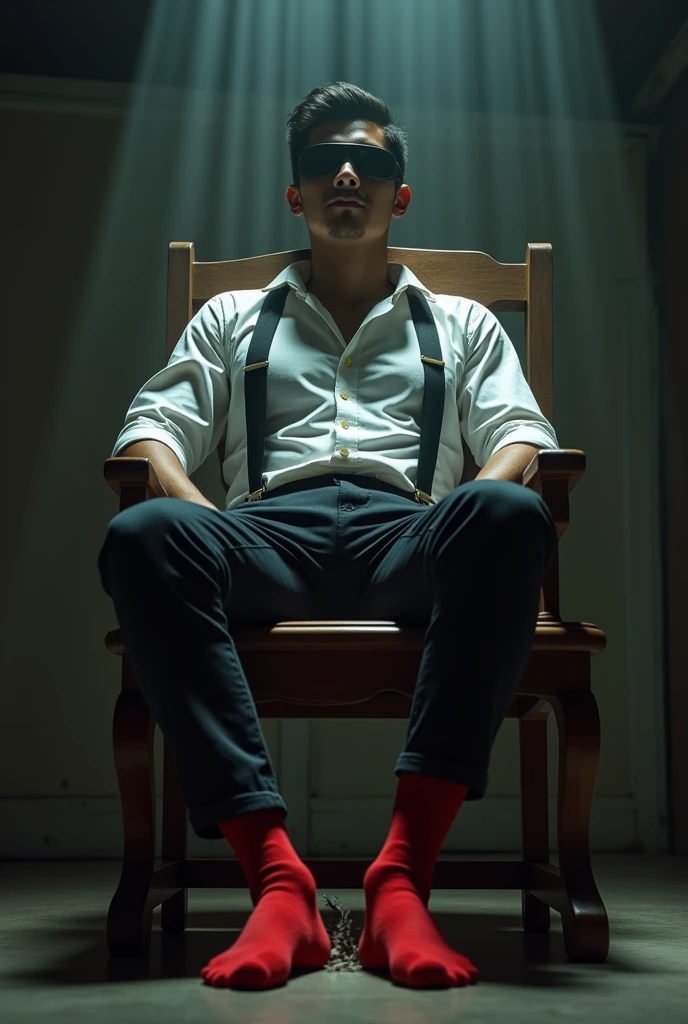Malay handsome21years man, Red sock,focus feet,tied up on wooden chair,blindfolded,formal,kidnapped,feet tickled by hands, mafia tickle his feet using feathers,tickling,