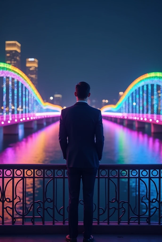 Rainbow Bridge、Night view、male、In a suit、Back view、Glasses、Two Block