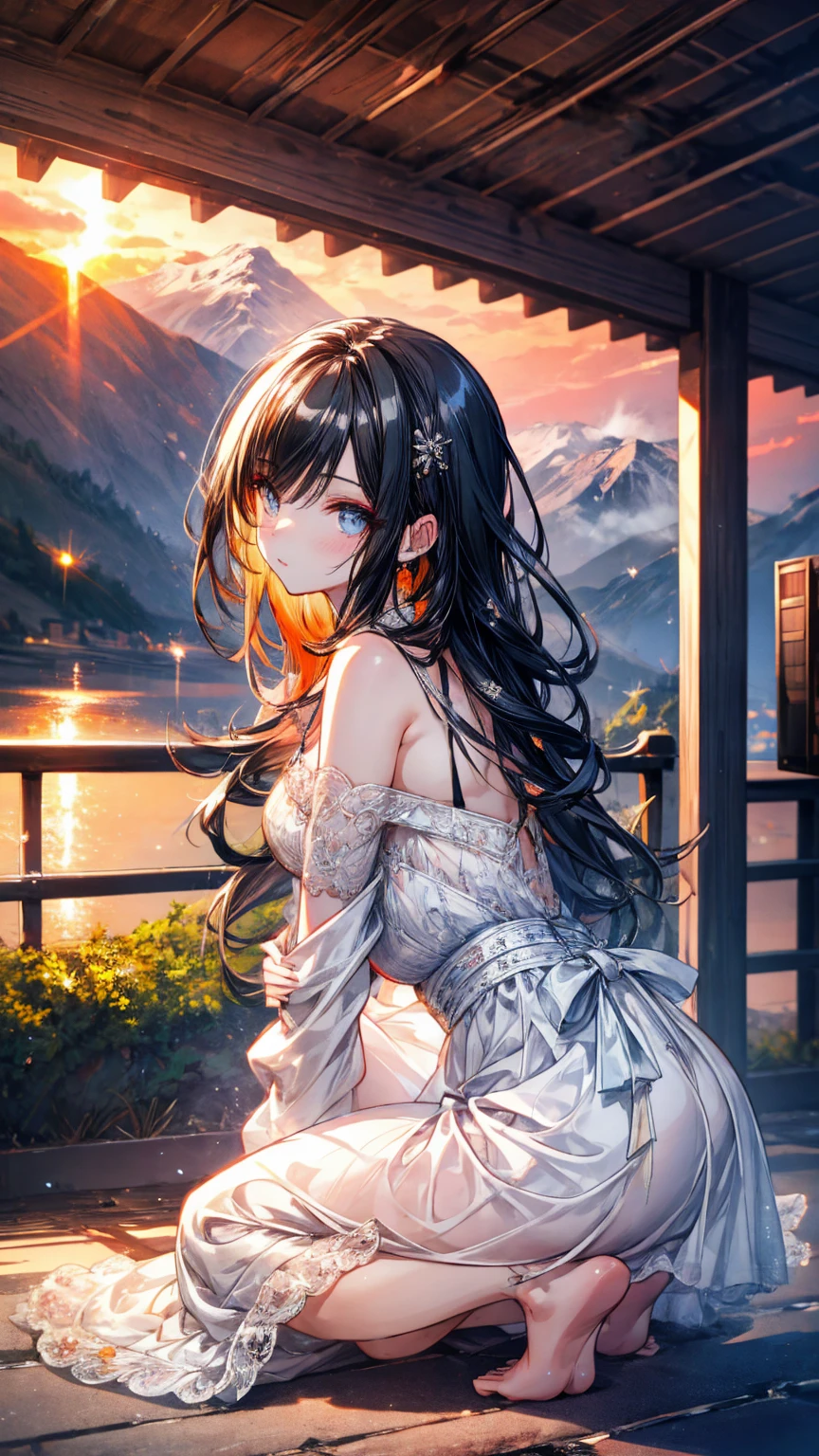 1 female, 20s, small underbust, pornographic exposure, solo, (background: plain, distant mountains, summer, sunset, low orange rays, sunglasses on ground, exterior) beautiful silver long hairstyle, soft curly hair, crouching, crouching, side view, sunset Country Road (((Masterpiece), (very detailed CG unity 8k wallpaper)), top quality, film lighting, detailed background, beautifully detailed eyes, bright eyes, (very elegant and beautiful), (beautifully detailed depiction of eyes), super detailed, masterpiece, )), facing viewer, frontage, high resolution, super detailed), (wearing: white dress, bare feet )

Translated with www.DeepL.com/Translator (free version)