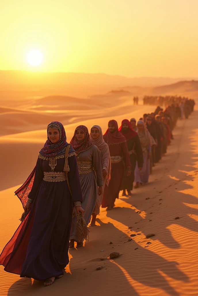 A lot of people are walking in rows across the Arabian desert. Some women are also with them. 
They were wearing Arabic clothes. 
The sun has risen in the eastern sky and a chill is flying in the sky. 
They had various putli on their heads and hands.