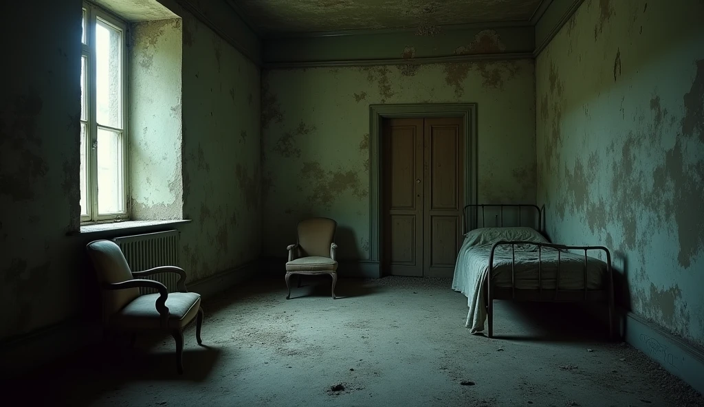 Old room with old wallls and dusting chairs and beds