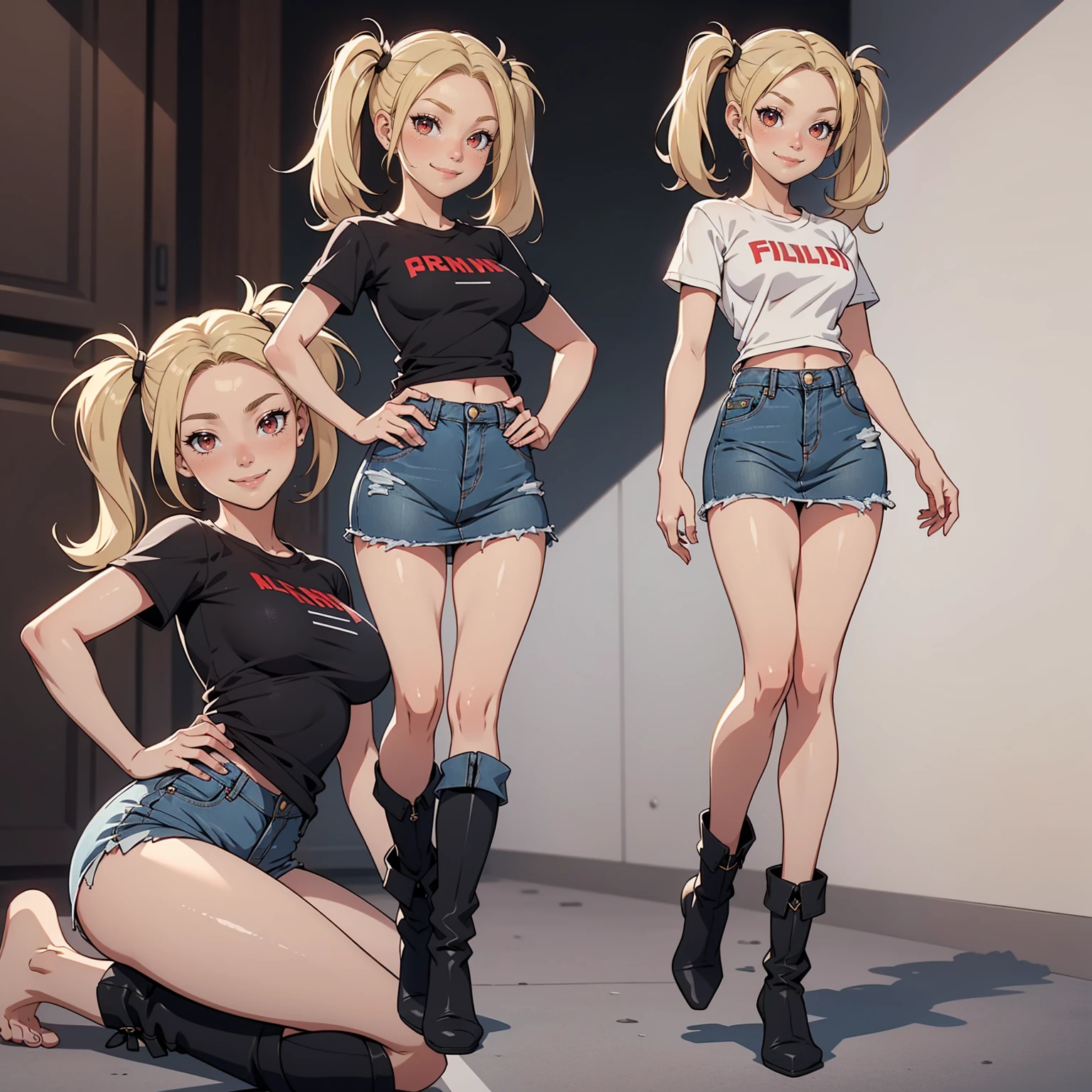 Very detailed, smiling facial expression, medium breasts, full body view, blonde hair with twintails, red eyes, small breasts, looking at viewer, wearing grey t-shirt, denim skirt, black boots, bare feet, cute pose.
