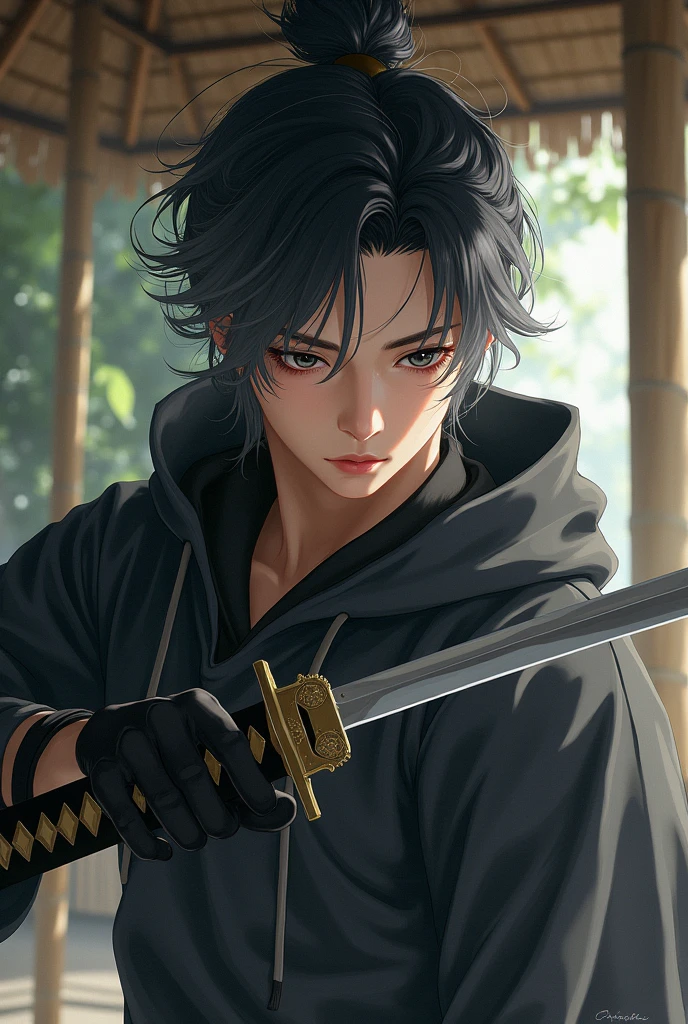 A chinese handsome man. Black and grey eyes. Black hair bicolor grey . Unattached hair. Short Messy hair. Long lashes. Anime. Chinese Hoodsweater. Beautiful facial features. Holding a katana in a bamboo cabana. Red liner. Ready to attack.