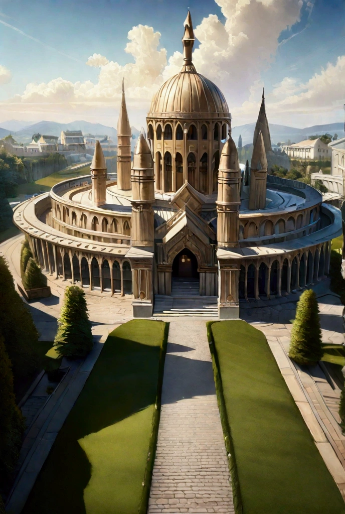 a crowd of over 100 royal students in a magnificent fantasy institute palace-like setting, some muscular, some wearing hats, some walking with archery bows, some carrying swords, some carrying books, dressed in tight shirts and royal jeans, the students wearing shining, glistening dresses, surrounded by 5 detailed temples, with a scenic view of houses and medieval buildings, a road leading towards the palace-like institute divine kingdom, blue sky, clouds, trees, (best quality,4k,8k,highres,masterpiece:1.2),ultra-detailed,(realistic,photorealistic,photo-realistic:1.37),detailed fantasy architecture, beautiful shining scenery, dramatic lighting, intricate details, vibrant colors,high resolution, accurate, from above, POV, 360 view, anime, anime style, ashcan school, op art