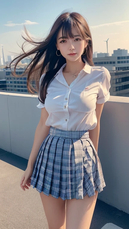 masterpiece,Highest quality,1 person,1,Cowboy Shot,Front view,Young and cute Japan,A small smile,Lunch break,((rooftop,Beautiful red blue sky)),((the wind is strong:1.5)),((long flowing hair:1.5)),((Skirt flip:1.5)),Schoolgirl uniform,Summer clothes,The uniform is made of thin fabric、wear,((Super mini check pattern pleated mini skirt:1.6)),No underwear,No pants,White blouse,Rolled up sleeves,(Nipples are visible through the fabric:1.1)、Very cute face,Baby Face,Shiny唇,Big eyes,Brown eyes,Double eyelids on both eyes,(Natural Makeup),Shiny, Smooth, Long light brown hair,Asymmetrical bangs,Center image,8k resolution,Attention to detail,Detailed hairstyle,Detailed face,Cinema Lighting,Octane Rendering,Ultra-realistic,Perfect limbs,Beautiful legs,Voluptuous thighs,Shapely breasts,(Glowing Skin,Sweaty:1.3),Perfect Anatomy,((Natural relaxed pose:1.3)),Professional photos