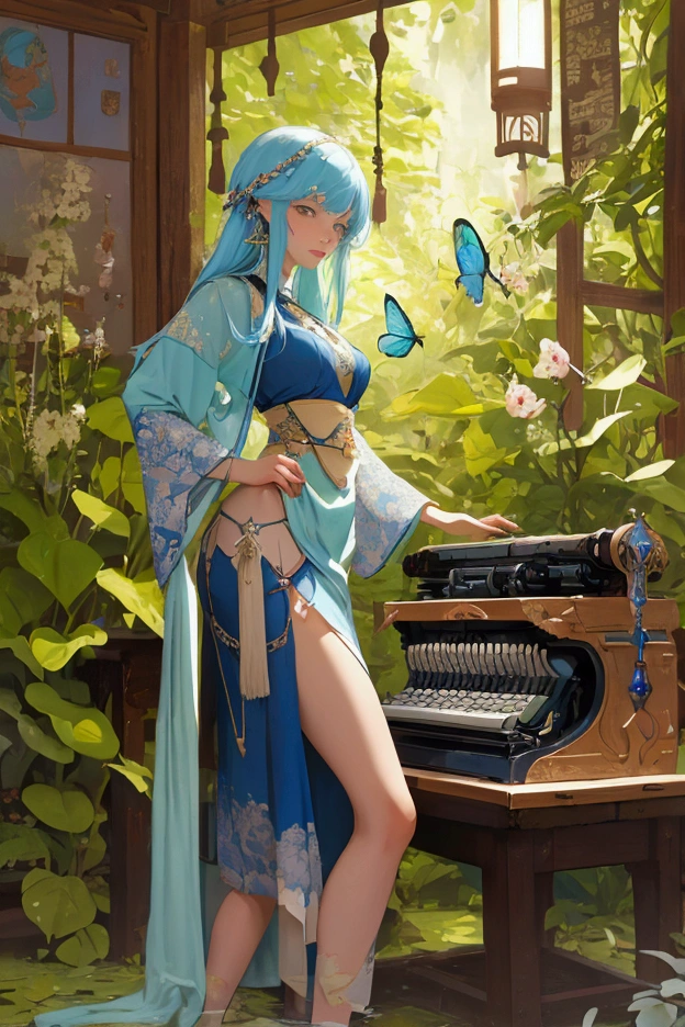 Heath Robinson, John Duncan, Akseli Gallen-Kallela, Mikhail Nesterov, Hiro Fujiwara, Surrealism, strange, bizarre, fantastical, fantasy, Sci-fi, Japanese anime, fragments of minerals and plants, typewriter, Mars, printing workshop, floating miniskirt beautiful girl Alice, perfect voluminous body, fun, detailed masterpiece 