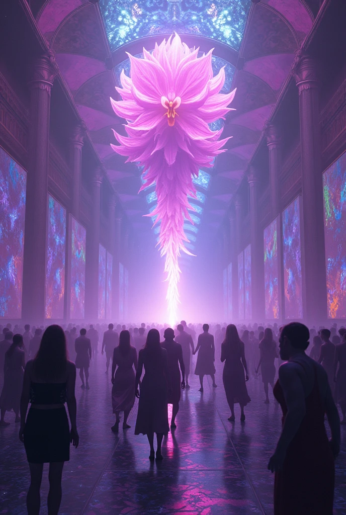 a dystopian scenario, magical and psychedelic, with people dancing wildly at a rave party, has lilac colors, cerulean, blackw, a lilac flame rising and a giant lilac orchid in the center