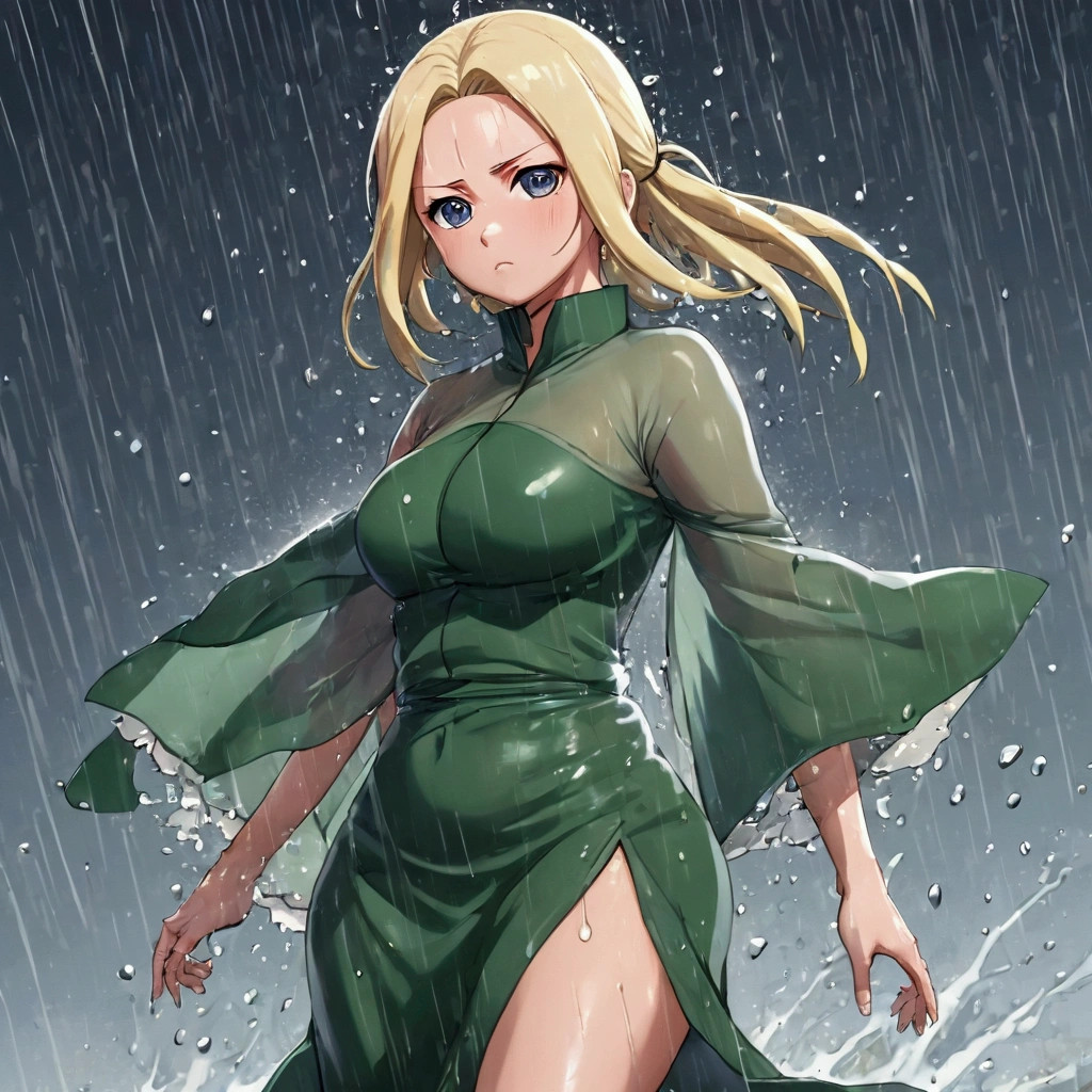 (8k, Highest quality, Manga style, View your viewers, Intricate details:1.3),(One woman, Tsunade from naruto), (China dress, See-through, Sweating, Full body portrait, Being hit by rain, Soaking wet)