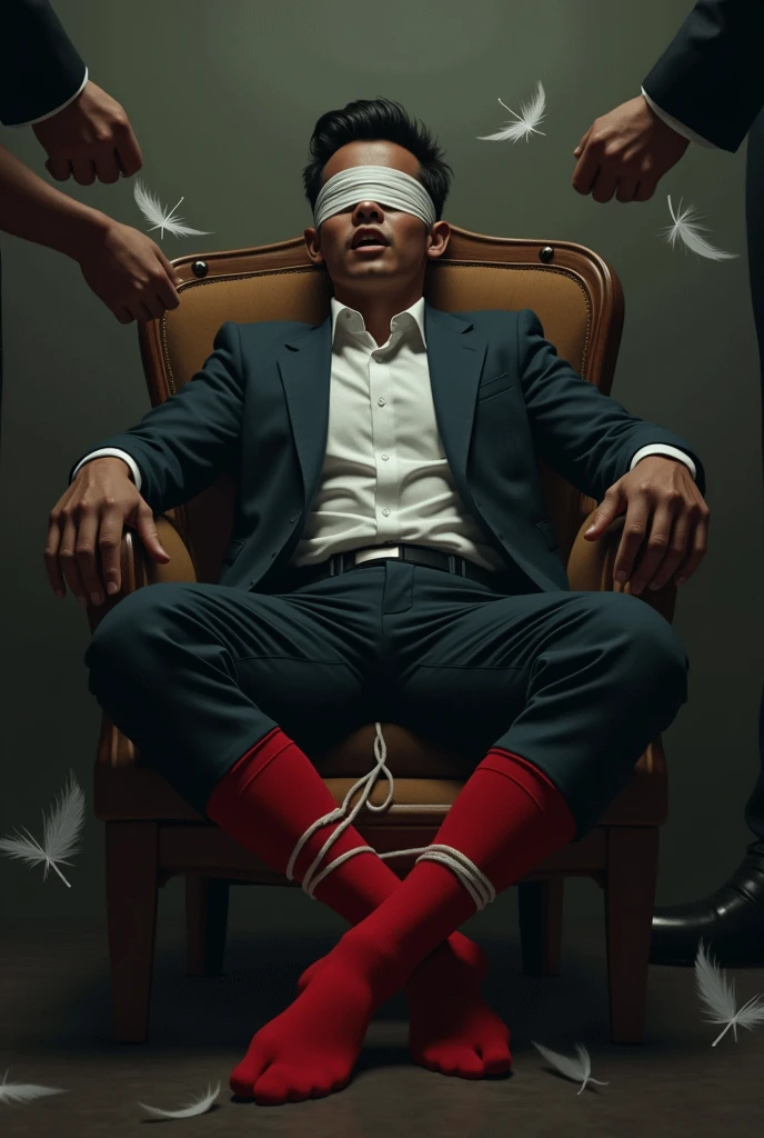 Malay handsome21years man, Red sock,focus feet,tied up on wooden chair,blindfolded,formal,kidnapped,feet tickled by hands,  mafia tickle his feet using feathers,tickling,