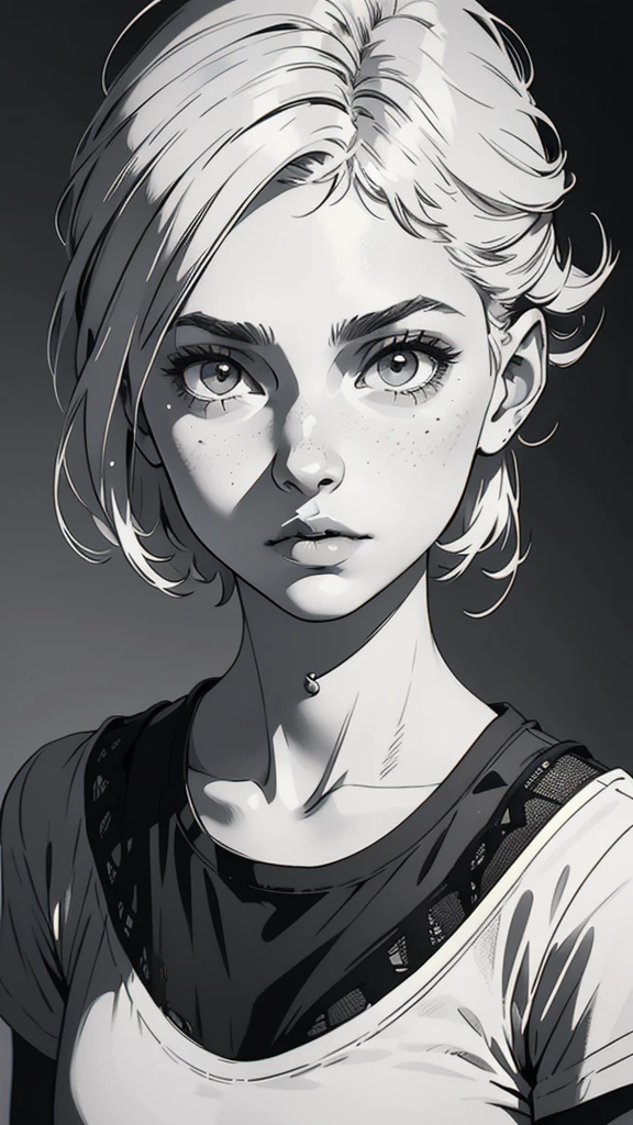 1 boyish girl, solo, sharp eyes, monochrome, greyscale, shoulder length black bangs hair, portrait, (blank white T-shirt), Thin eyebrows, closed mouth, looking at viewer, detailed lips, hatching \(texture\), without makeup, upper body, (best illustration), (best quality), (very detailed), (masterpiece), expressionless,