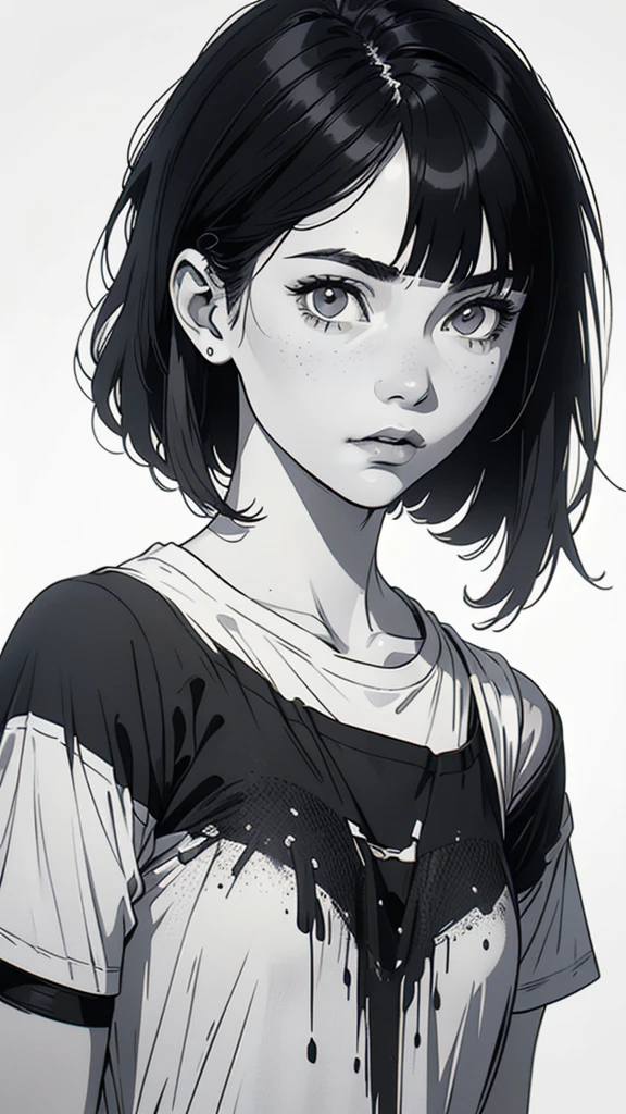 1 boyish girl, solo, sharp eyes, monochrome, greyscale, shoulder length black bangs hair, portrait, (blank white T-shirt), Thin eyebrows, closed mouth, looking at viewer, detailed lips, hatching \(texture\), without makeup, upper body, (best illustration), (best quality), (very detailed), (masterpiece), expressionless,