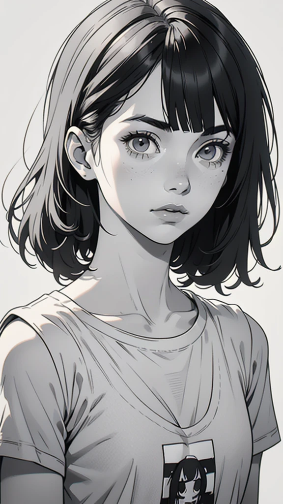 1 boyish girl, solo, sharp eyes, monochrome, greyscale, shoulder length black bangs hair, portrait, (blank white T-shirt), Thin eyebrows, closed mouth, looking at viewer, detailed lips, hatching \(texture\), without makeup, upper body, (best illustration), (best quality), (very detailed), (masterpiece), expressionless,