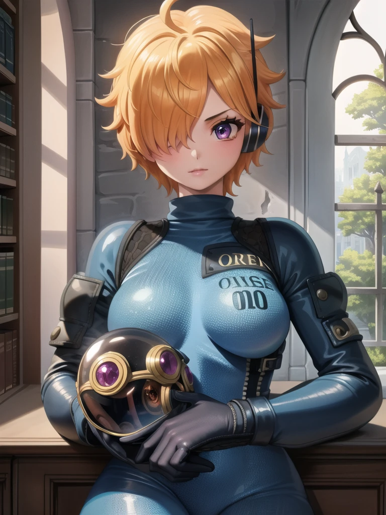 masterpiece, ((ultra detailed background, delicate pattern, intricate detail)), (highly detailed, fine details), best quality, beautiful lighting, ((medium breasts, slim girl)), 1girl, Lilith, (bangs covering one eye), ((light orange hair)), headphones, purple eyes, dark-blue jacket, ((pink bodysuit, full-body suit)), complex detailed background, inside, castle room environment, medieval castle, gray walls, window, bookshelf, (close-up, portrait),