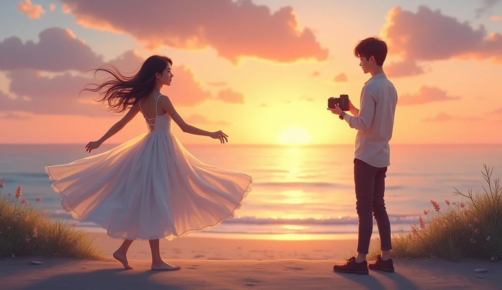 Girl in white dress dancing in the distance Boy holding camera standing nearby looking at the Sea Sunset Gentle wind