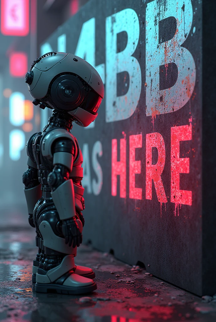 A humanoid robo boy. A quote “ N4B1B was here “ written in background capital letters.
Background quote more visible . The humanoid is in one side and the quote is in another. Neon lights