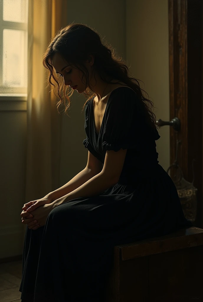 The women along sitting in a dark room with some warm yellow light and his crying waring black dress  and showing his face and lose curly hair