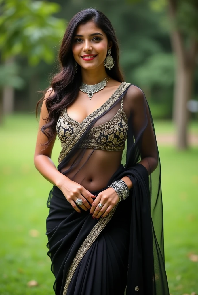 Perfect  Indian sexy fittest wife with embroidered soft net black saree, No blouse, Gold color Victoria's bra , embroidered, HDR, 8k, hyper detailed, best quality, ultra-high resolution, HDR, 8k, walking on the lawn , look at viewer, waist level view, bright smile, wearing platinum ornaments, casual pose ,  average body with 36 D size breasts,26 hip size and 36 waist size, waist level view, show background 