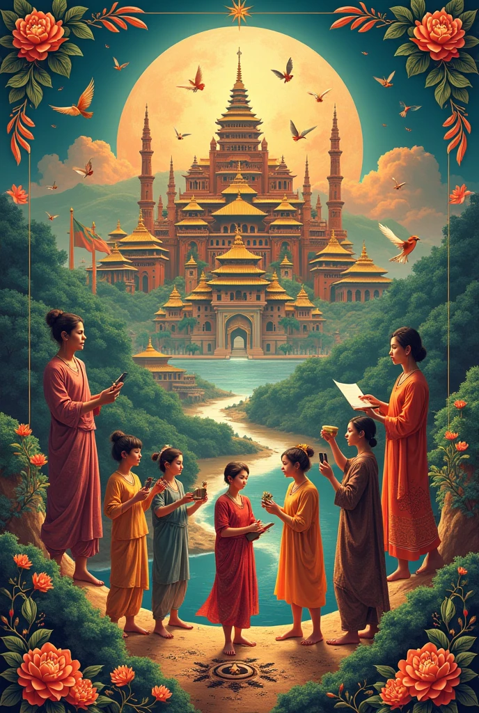 generate me a poster that illustrates, emphasize, and interpret cultural connections towards global unity: highlighting the beauty and power of history and arts, literature touching diversity, and creativity