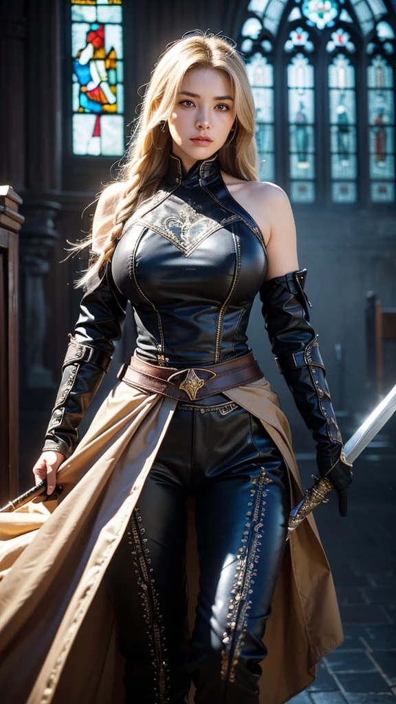 (8k, Highest quality:1.2)、masterpiece, Beautiful warrior, (Attractive Russian:1.0),(( Black Armor))、(Black clothes)、((Detailed leather armor)), (Strong muscular body), (Light blonde hair),(short hair)、 Braiding、Disheveled Hair、feet, (High fantasy battlefield environment), (Stained Glass Background), (((Holding a sword))), High resolution, (Skin Texture:1.1), Highest quality, 超High resolution, (Realistic: 1.4), RAW Photos, Nikon D850 film stock photos, 1 1 1.6 Lenses, Rich colors, Bokeh, Sharp focus, Realistic, Cinestill 800, Backlight, Rim Light, Strong sunlight, Realistic, Realistic Shadow, 3d, (Church Background:1.2),Hair blowing in the wind、whole body、 (Ancient Fantasy Ranger),(Ancient soldier armor),Combat Accessories,breastplate、((Long trousers))、Voluminous lips、((Big Breasts))、((Large Breasts))、((Perfect Face))、Big eyes、Delicate eyes、Armor that fits snugly to the body、Looking into the camera、belt、Armor with intricate patterns、superior半身、superior、Delicate hands、((Knee-high boots))、She is standing