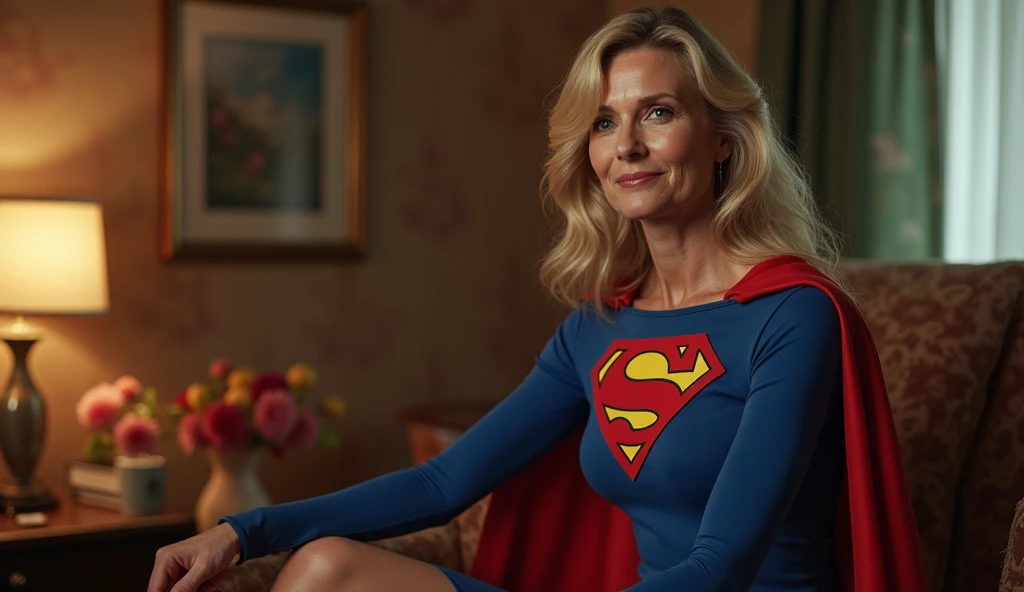 Old Supergirl Julie Hagerty(((very beautiful old Supergirl (((1984s Supergirl movie costume))); Julie Hagerty))) sexy, pousando em um apartamento