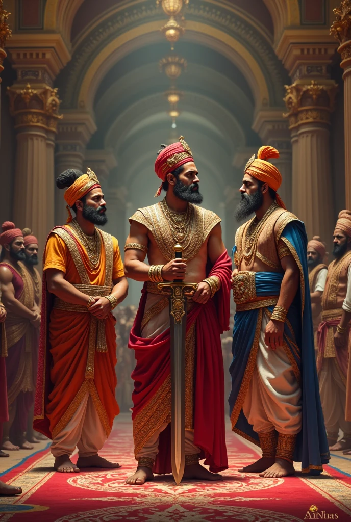 3 Indian king Maharaja is standing in the palace with a sword in his hand, looking at the people.