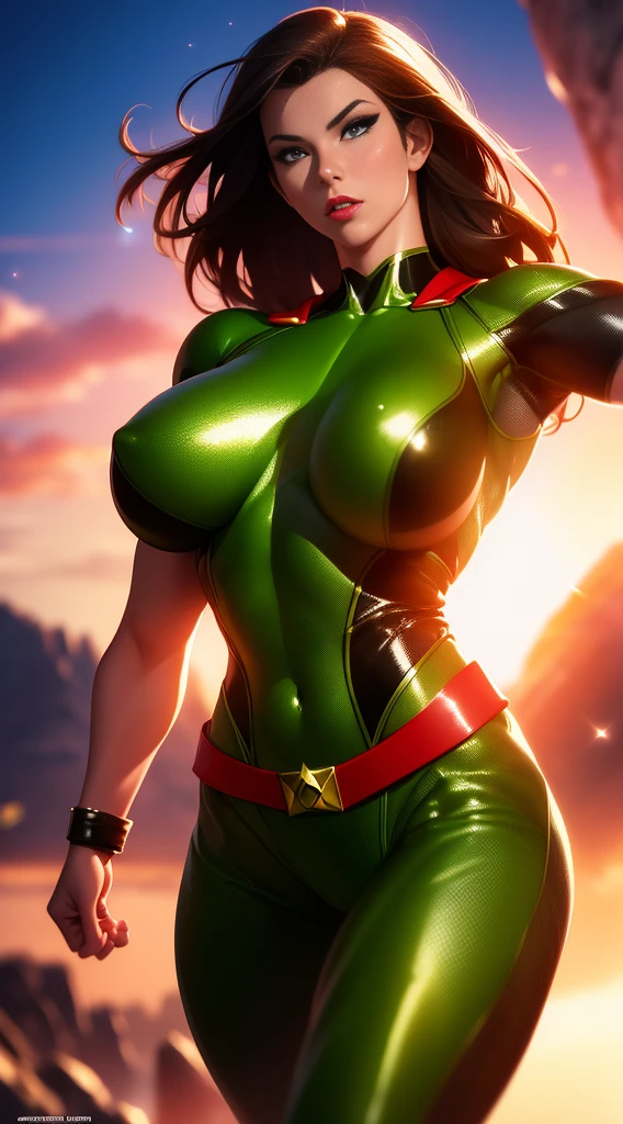 Sexy beautiful female superhero. portrait photography by artgerm, in the style of realism, glistening skin, cartooncore, mangacore, natural lighting, Defined full lips. fitness feminine body (Hyper Girl)